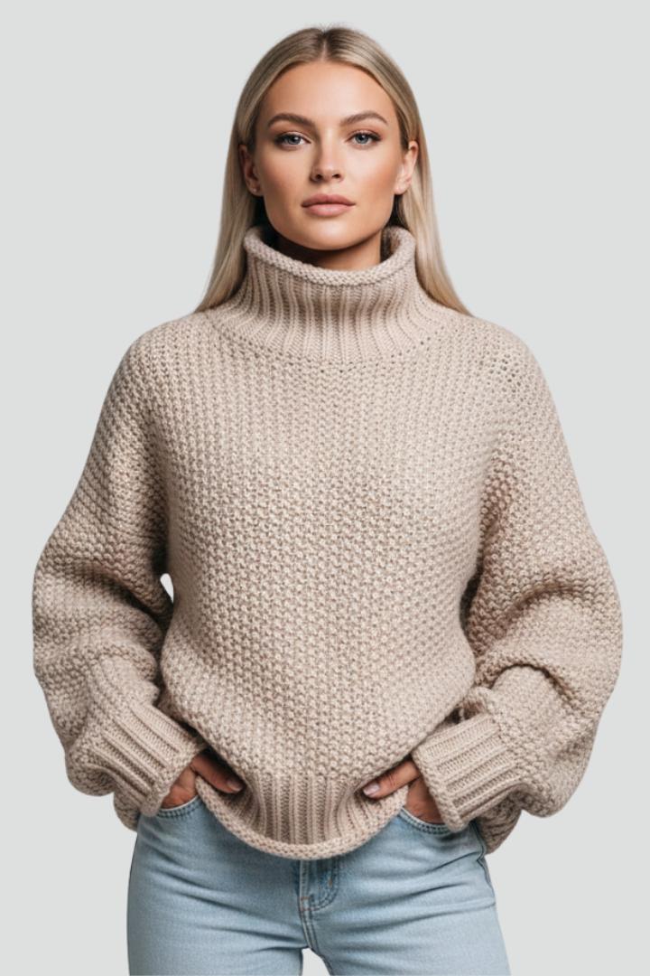 Comfortable oversized textured knit turtleneck sweater for women; perfect for fall outfits.