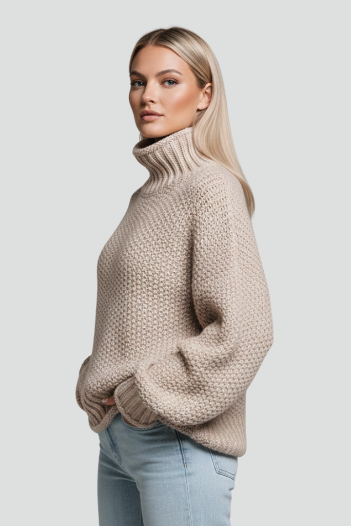 Close-up of a women's cozy textured knit turtleneck sweater, ideal for winter fashion.