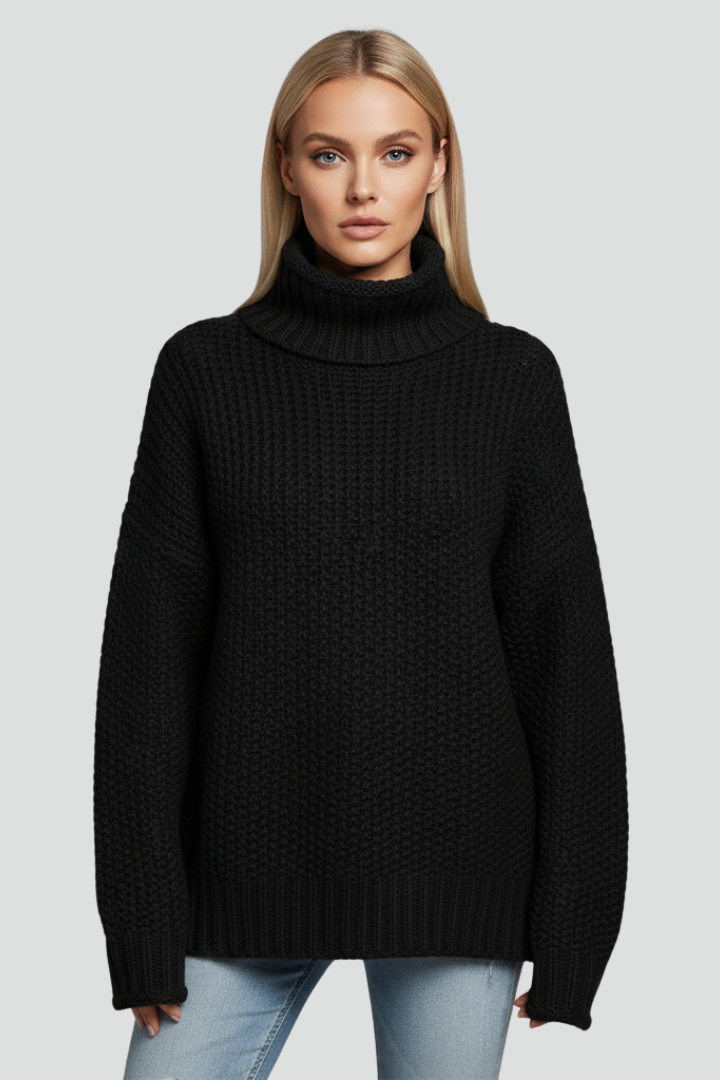 Soft, textured knit long sleeve turtleneck jumper for women; cozy fall & winter essential.