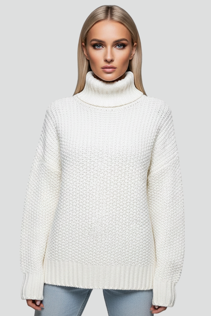 Woman wearing a cozy textured knit turtleneck jumper, perfect for casual winter fashion.