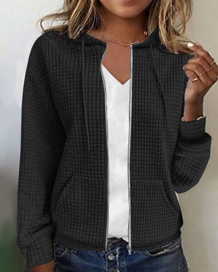 Stylish women's zip-up hoodie jacket, a versatile textured layering piece ideal for casual wear & everyday comfort.