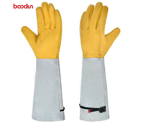 Comfortable and breathable women's rose gardening gloves with extended thorn-proof cuffs.