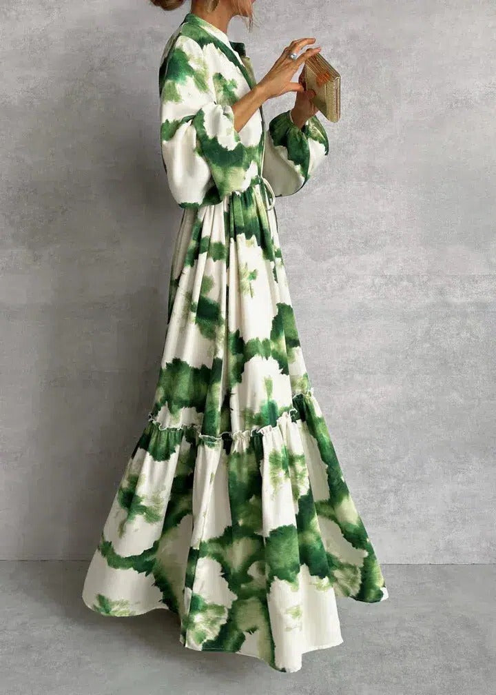 Stylish women's green tie-dye belted maxi dress. Perfect long sleeve tiered summer casual or vacation wear.