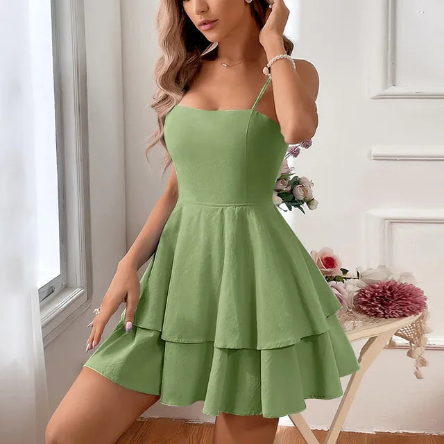 Stylish women's tiered A-line mini homecoming dress, a charming spaghetti strap party or cocktail dress.
