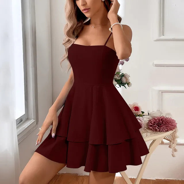 Formal women's tiered A-line mini dress with spaghetti straps, a stunning choice for homecoming & evening events.