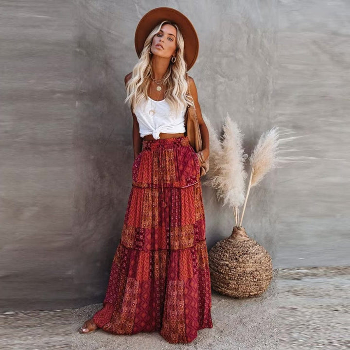 Flowy bohemian floral maxi skirt for women, ideal for beach, vacation, or casual summer outfits.