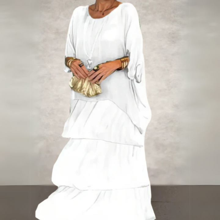 Stylish women's long sleeve tiered maxi dress in a soft, breathable fabric, great for relaxed everyday wear.