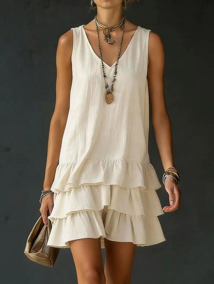 Chic women's V-neck sleeveless mini dress with tiered ruffles. Essential summer style, perfect for casual outings.
