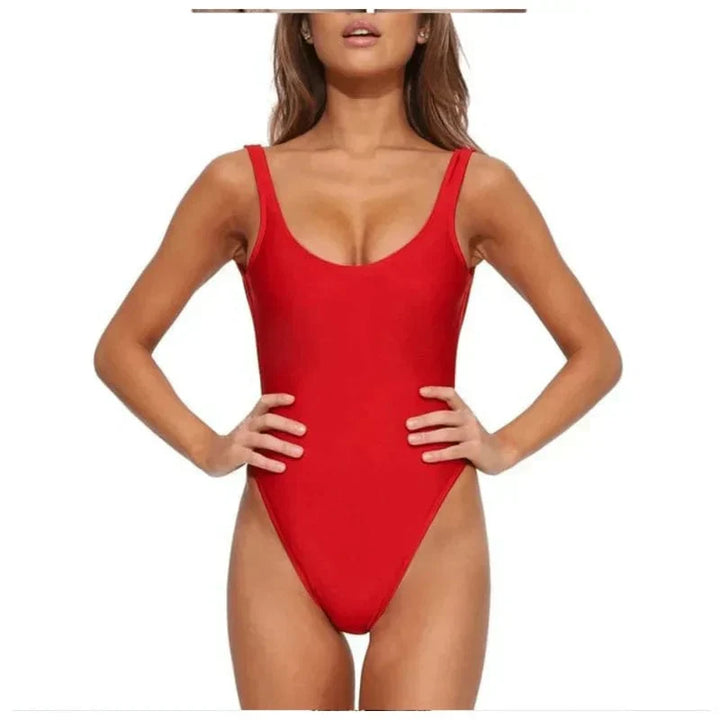 Classic women's scoop neck one-piece swimwear, timeless design with an open back for ultimate summer comfort.
