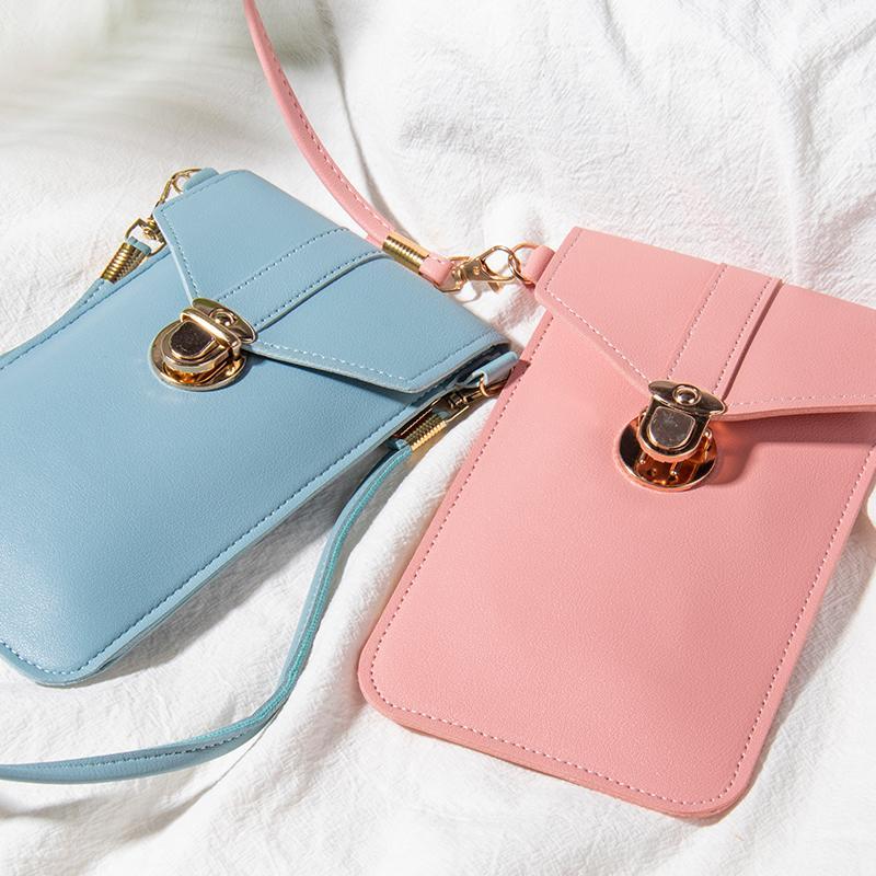 Women's touchscreen crossbody phone bag in black PU leather, perfect for travel & everyday use