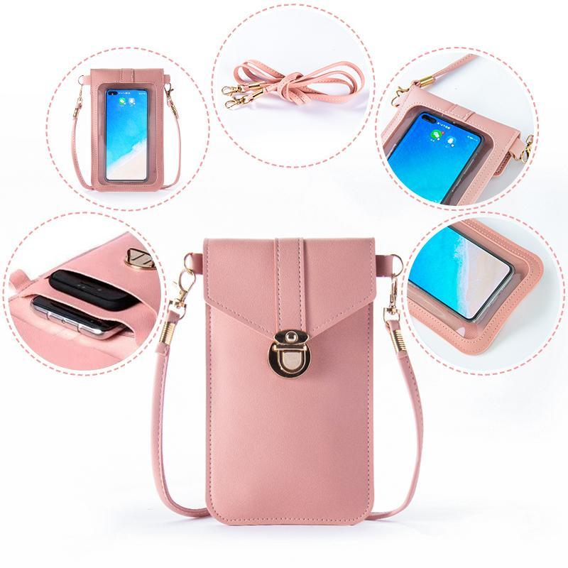 Stylish women's mini crossbody phone bag with clear touchscreen window and adjustable strap