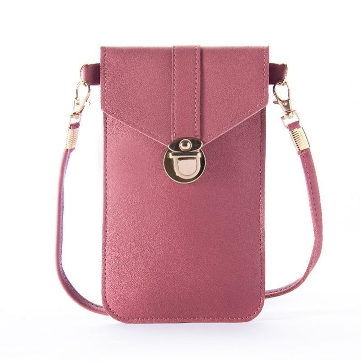 Women's fashionable shoulder bag with integrated touchscreen for smartphone use