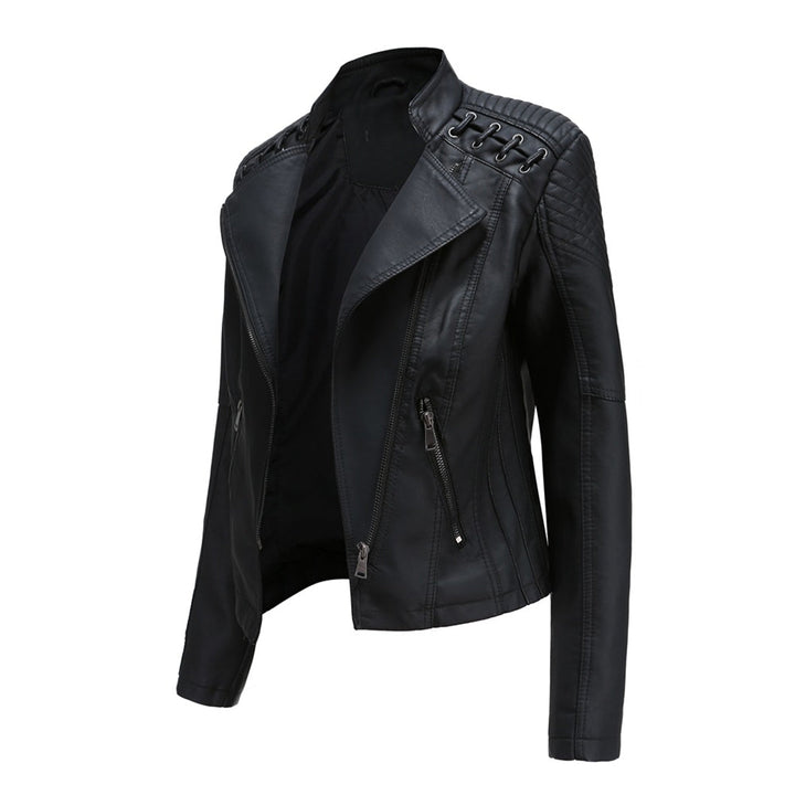 Women's black faux leather biker jacket, a trendy fashion jacket with a zipper closure and sleek design