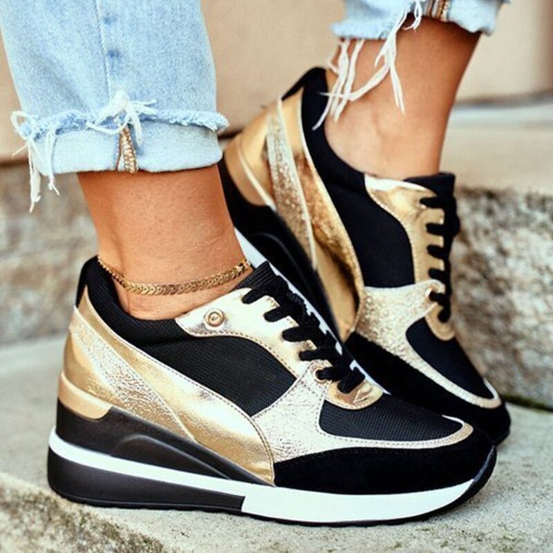 Women's trendy gold & black fashion sneakers, non-slip sole, for casual wear or walking