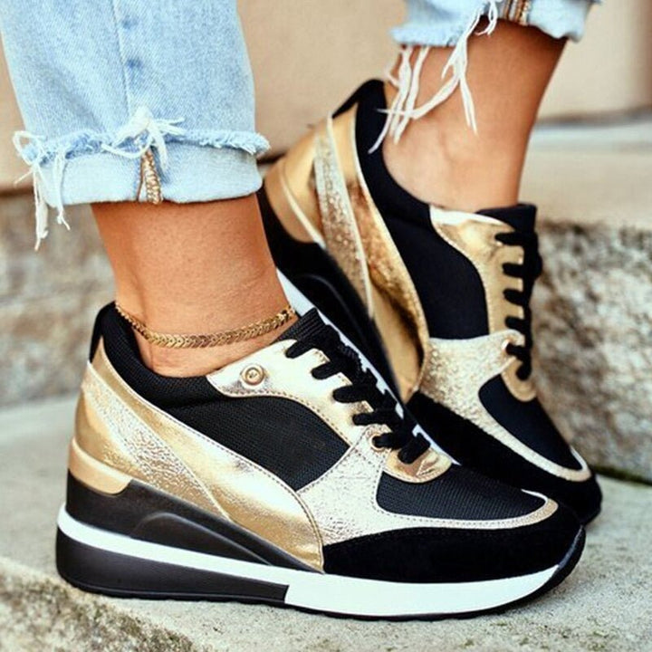 Women's trendy gold & black fashion sneakers, non-slip sole, for casual wear or walking