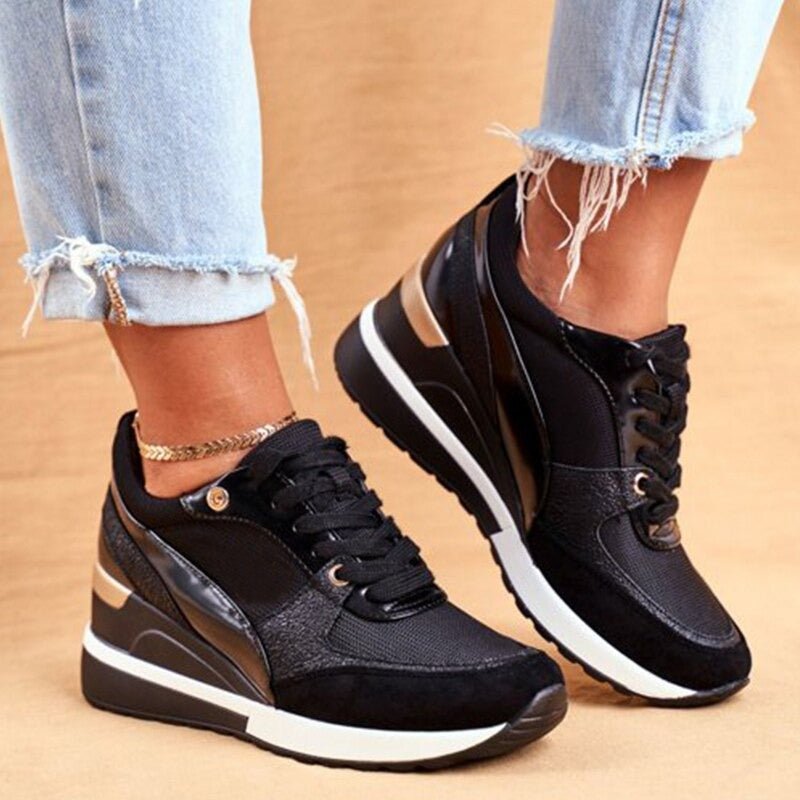 Side view of women's fashion sneakers in gold & black, featuring a non-slip design for comfort