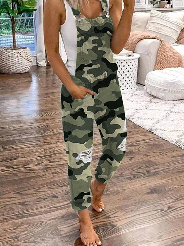 Women's trendy ripped denim jumpsuit, perfect for a casual spring/summer outfit. Versatile fashion style.