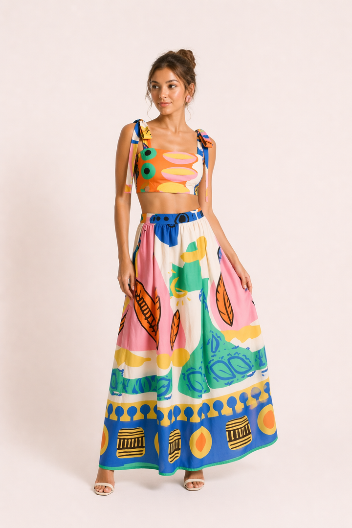 Women's tropical print crop top & flowy maxi skirt two-piece set for summer vacation wear. Sleeveless beach outfit.
