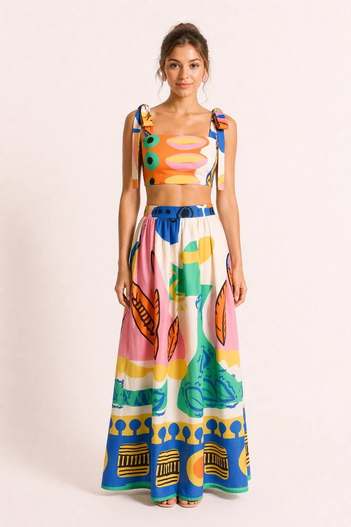 Vibrant tropical print crop top with matching flowy maxi skirt. A chic two-piece summer set for women.