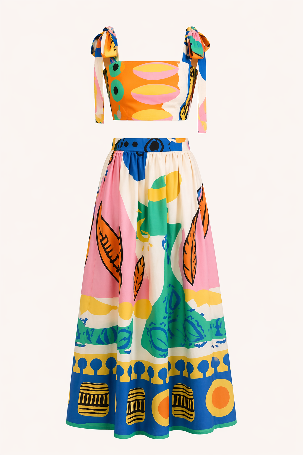 Sleeveless tropical print crop top and long maxi skirt set. Ideal women's summer outfit for resort wear & beach.