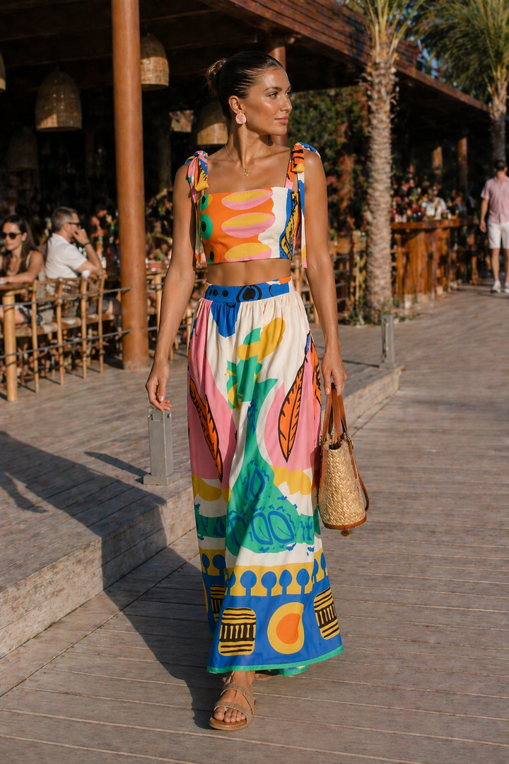 Lightweight women's tropical print crop top & flowy maxi skirt set. A perfect two-piece summer vacation outfit.