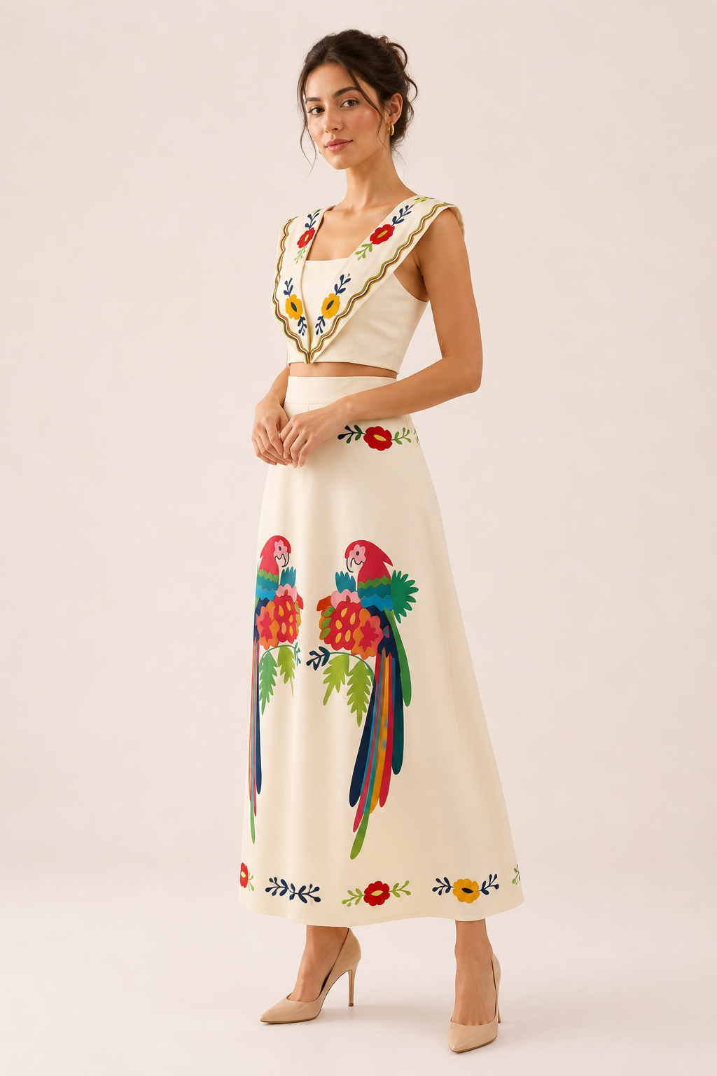 Beige tropical print sleeveless crop top & high-waisted maxi skirt, ideal two-piece set for beach fashion.