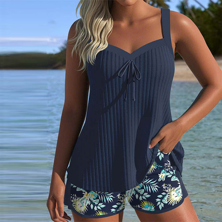 Women's tropical tie-front sweetheart tankini swimsuit set with boyshorts, perfect for beachwear & summer.
