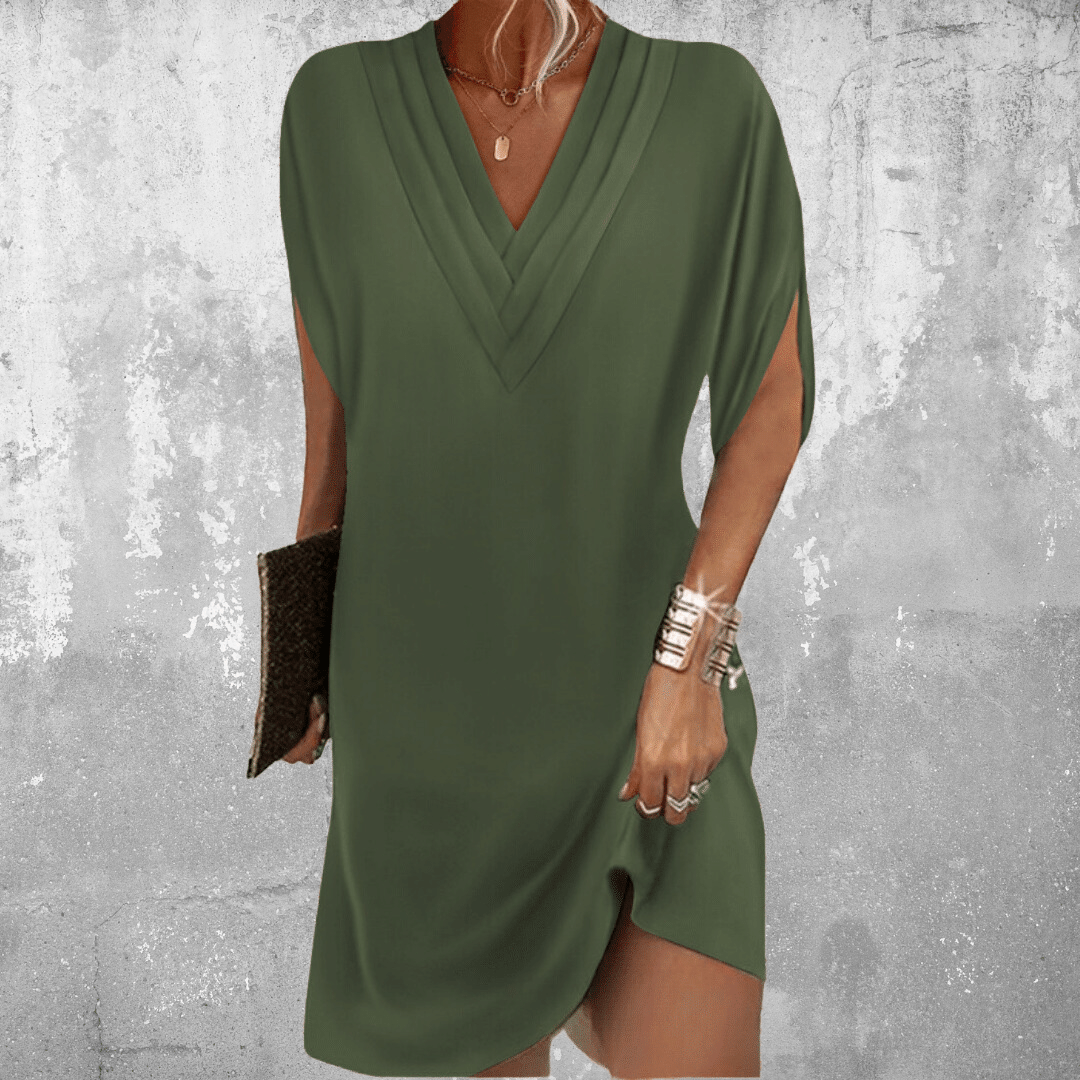 Women's tummy covering midi dress, flattering V-neck with elegant drape. Comfortable & versatile for many occasions.