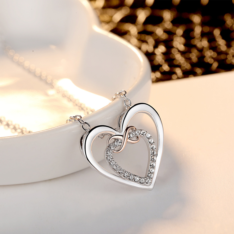 Romantic Two Hearts Infinity Necklace, silver chain and pendant, fashion jewelry for women