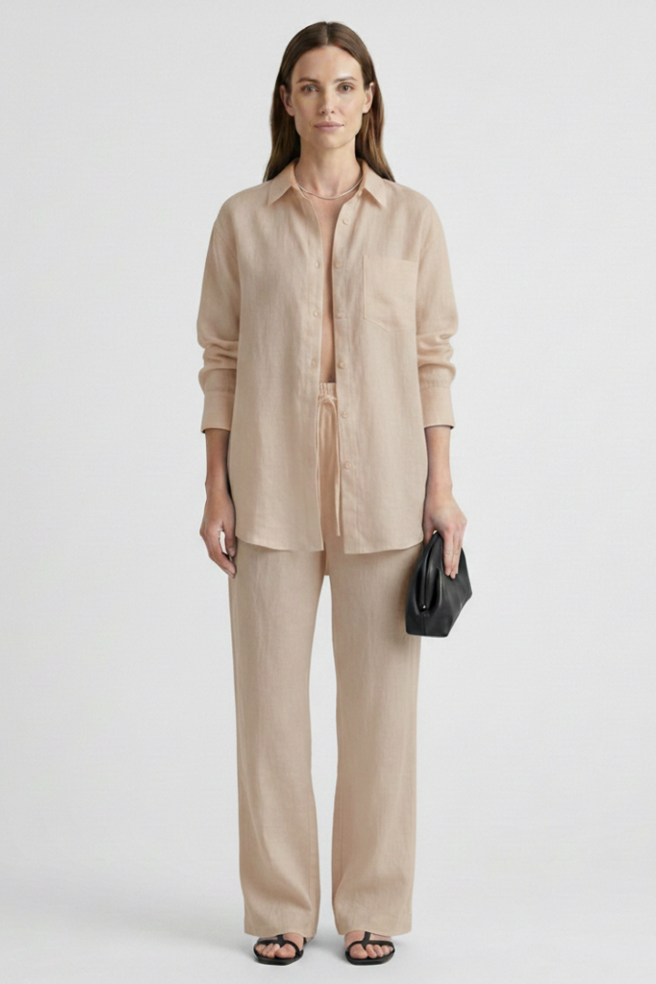 Women's versatile two-piece set: button-up shirt & straight trousers. Modern, elegant, smart casual co-ord.