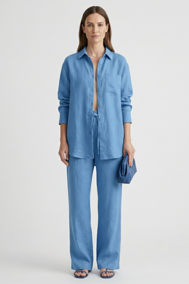 Women's smart casual two-piece set with button shirt & straight pants. Versatile spring/summer fashion.
