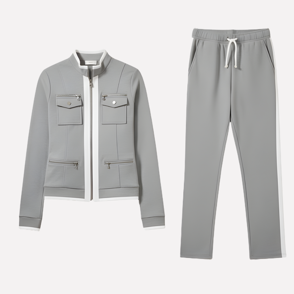 Women's two-piece zip jacket and pant set with casual contrast trim, perfect for loungewear or everyday style.