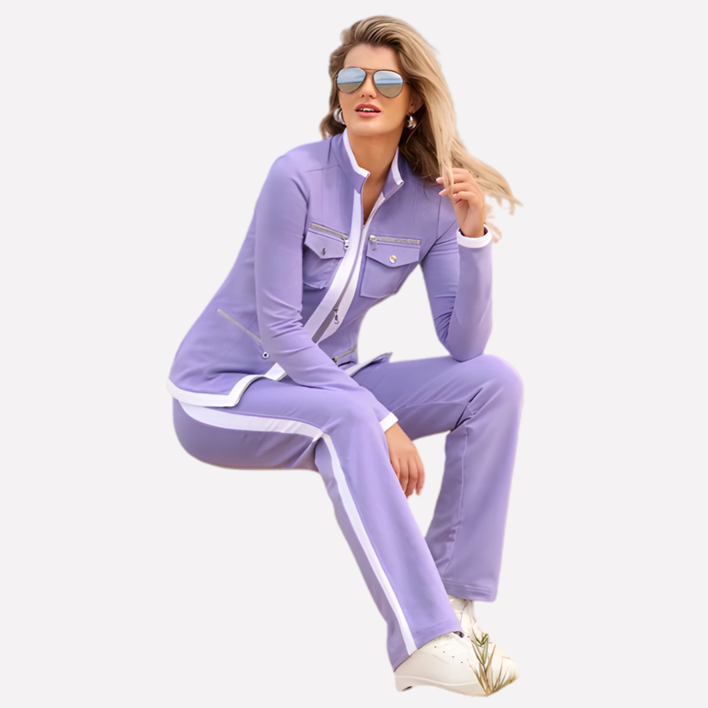 Comfortable women's matching set: zip jacket & casual pants with contrast trim. Versatile ladies loungewear.