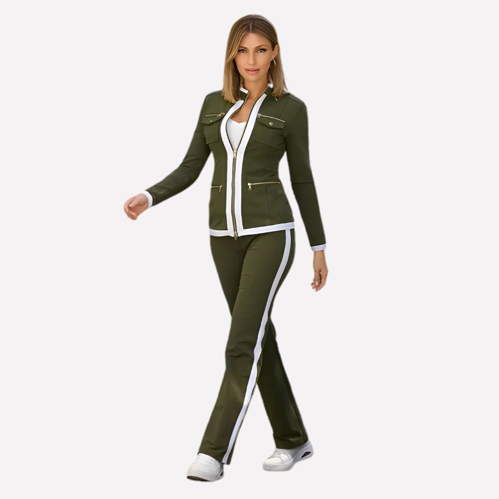 Stylish women's zip jacket & pant set, featuring modern contrast trim. Ideal casual two-piece outfit.