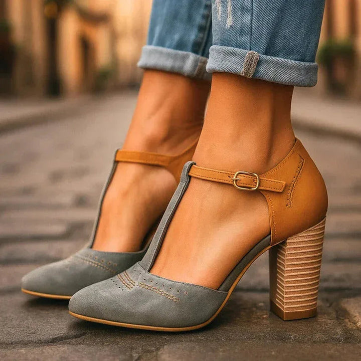 Women's two-tone block heel pumps, elegant and versatile for daily office wear & dressy occasions.