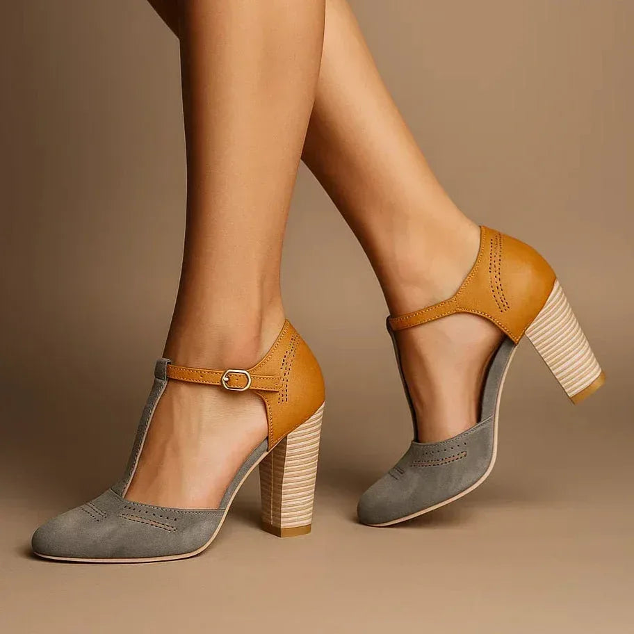 Elegant two-tone block heel pumps for women, perfect for office, daily wear & versatile dress shoe styles.