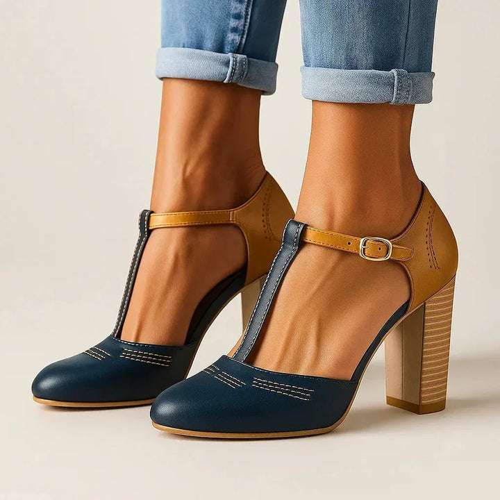 Versatile women's two-tone block heel pumps, showcasing block heel and elegant design for daily fashion.