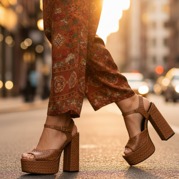 Fashionable women's platform block heel sandals, ultra high, with an adjustable buckle strap.