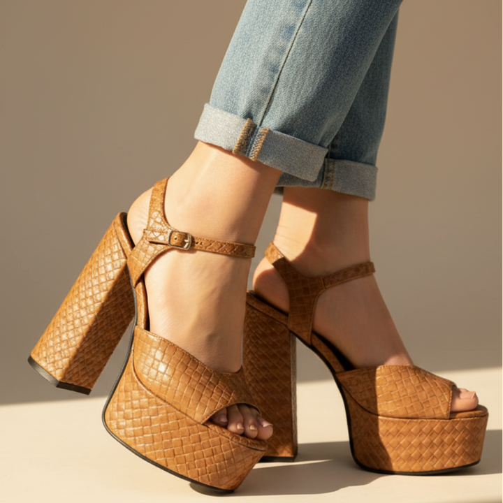 Women's chunky block heel platform sandals, ultra high, with an open toe and stylish buckle.