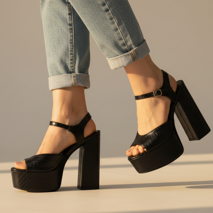 Ultra high block heel platform sandals for women with buckle strap and open toe.