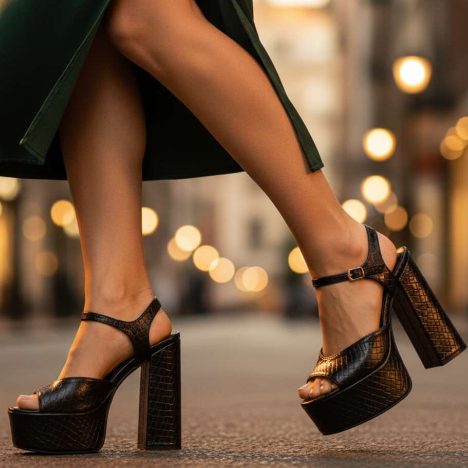 Modern women's platform high heels with a chunky block heel, open toe, and elegant buckle.