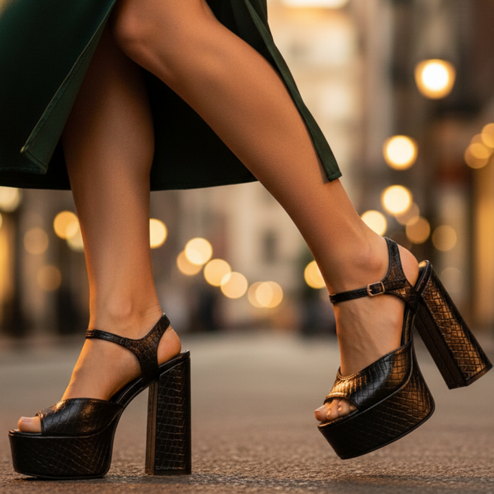 Modern women's platform high heels with a chunky block heel, open toe, and elegant buckle.