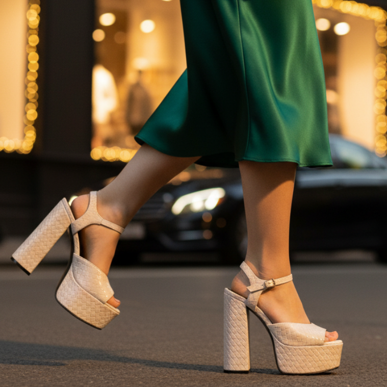 Elegant women's evening sandals: ultra high block heel, platform, buckle, and open toe for parties.