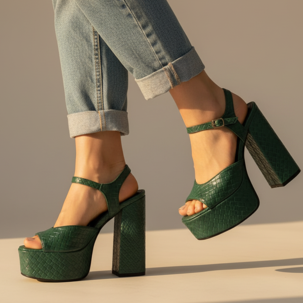 Trendy women's chunky block heel platform sandals with an ultra high design and buckle strap.