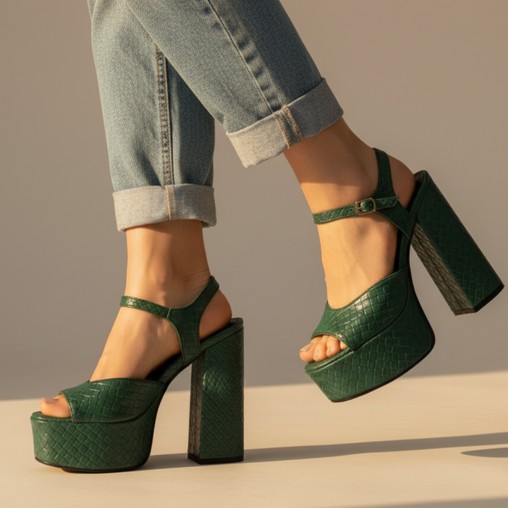 Trendy women's chunky block heel platform sandals with an ultra high design and buckle strap.