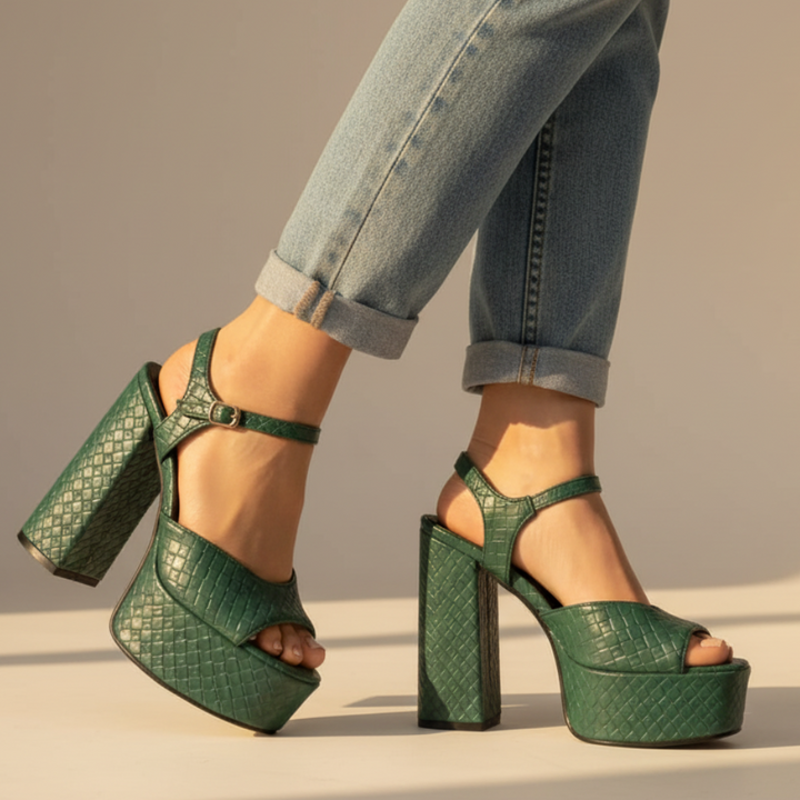 Ultra high block heel platform sandals for women, with a chic buckle strap, ideal for nights out.