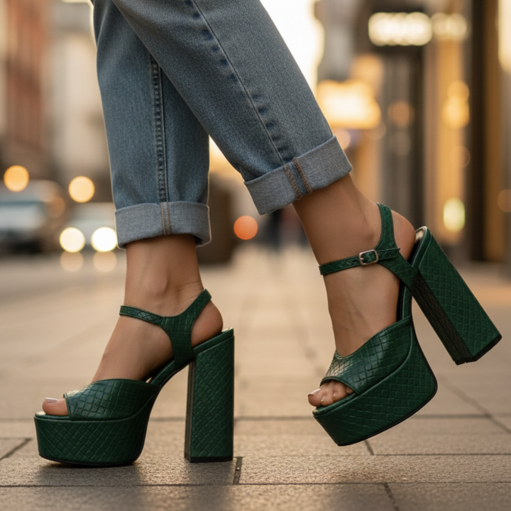 Sophisticated women's ultra high block heel platform sandals, open-toe, with a fashionable buckle.