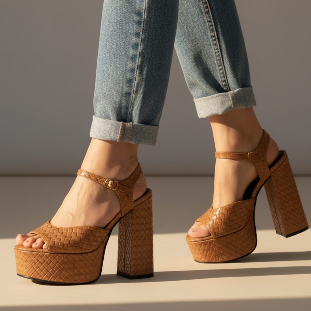 Sturdy women's block heel platform sandals, ultra high, with a secure buckle and open toe.