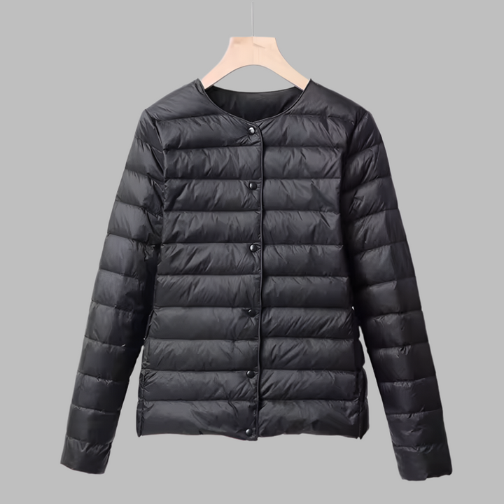 Casual women's collarless puffer jacket, ultralight & packable. Ideal for spring layering or winter warmth.