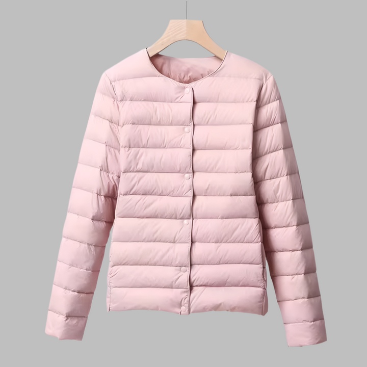 Stylish women's collarless ultralight puffer, perfect packable outerwear for spring, fall & mild winter days.